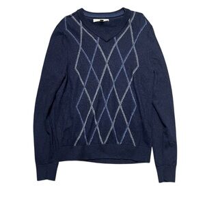 Nordstrom Argyle Sweater Men’s Size M Navy Blue V Neck Preppy Wool Knit